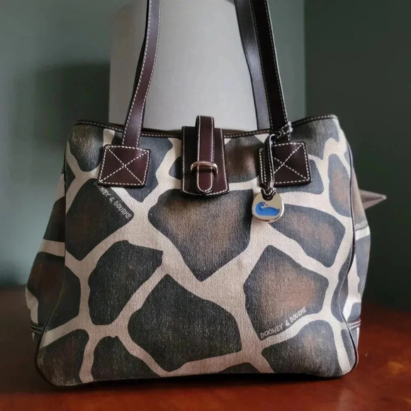 Vintage Dooney & Bourke African Safari Giraffe Shopper Tote Canvas & Leather - Picture 1 of 16